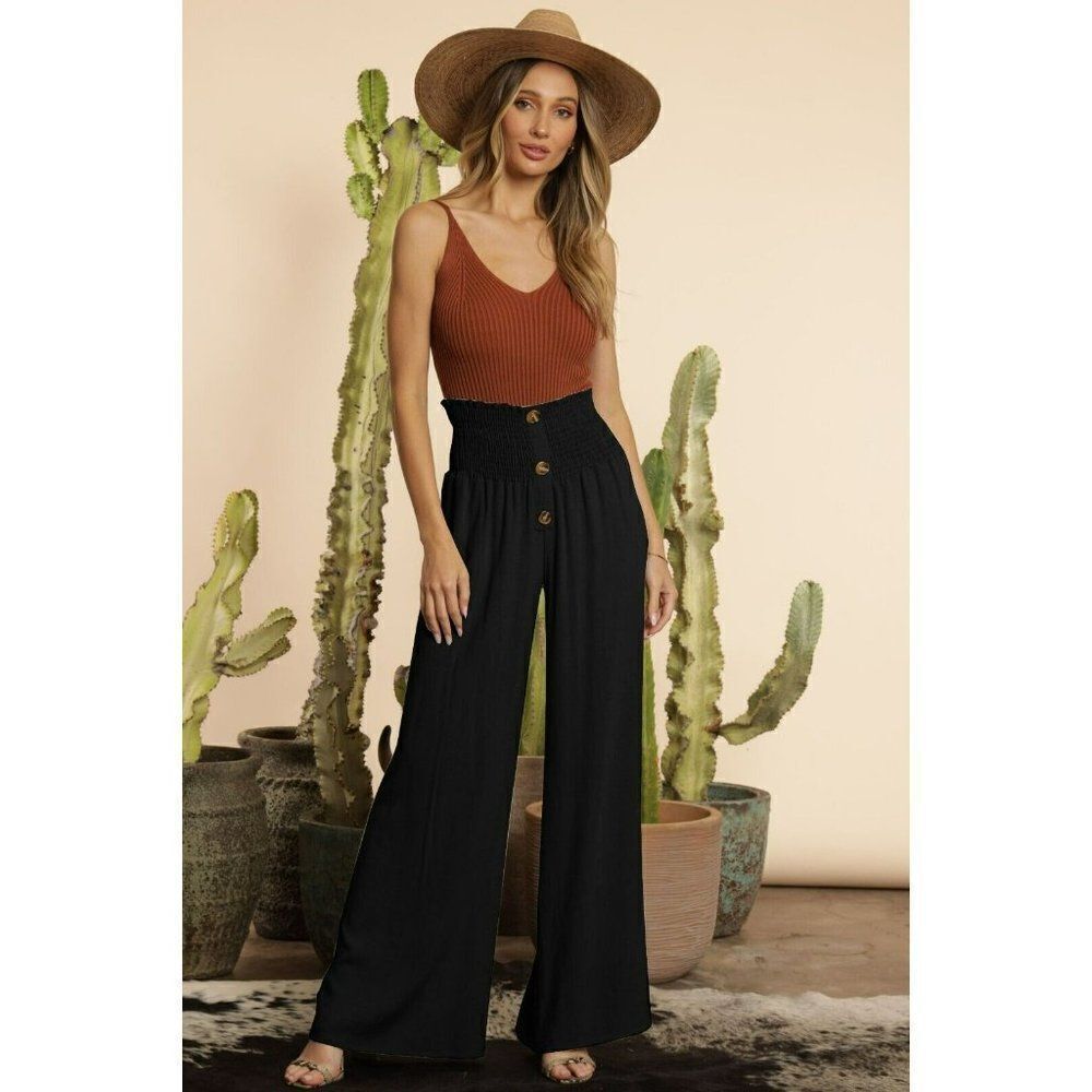BLUE BUTTERCUP Clothing Women's Smocked Flare High Waist Pants Black P83570-01